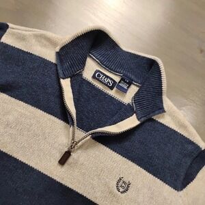 Chaps Ralph Lauren Sweater Mens L Blue Gray Wide Stripe Quarter Zip Logo Preppy